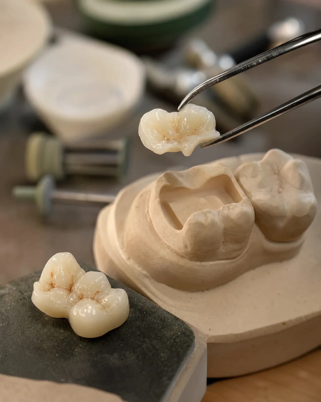 Inlays y onlays cerámicos comprobados sobre un modelo dental