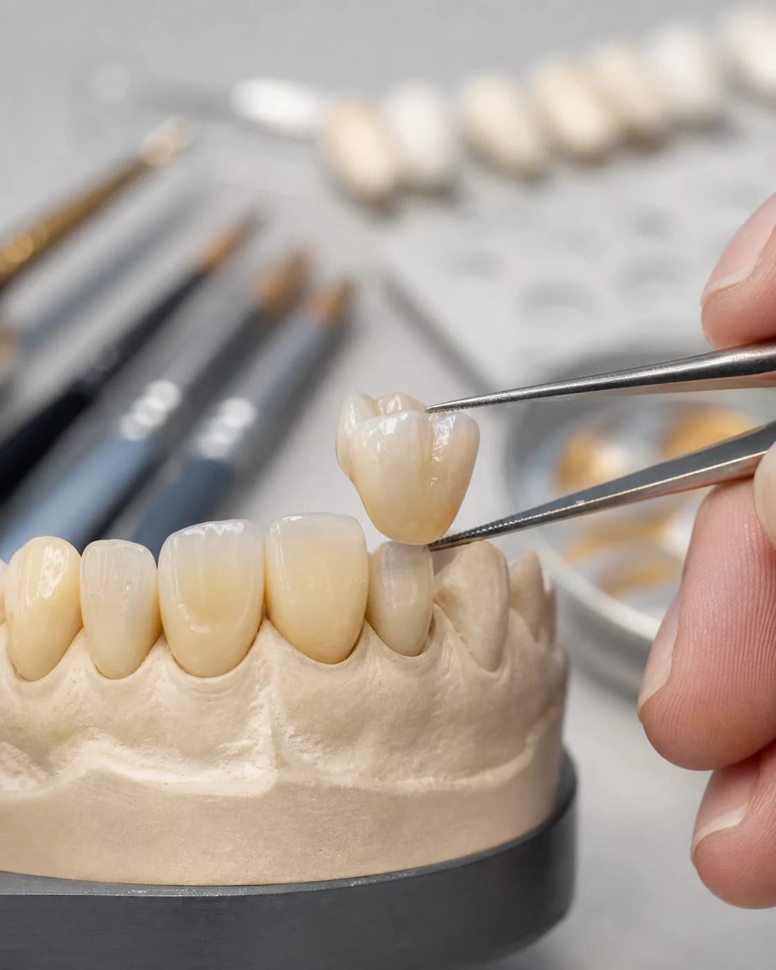 Corona cerámica individualizada comprobada sobre un modelo dental